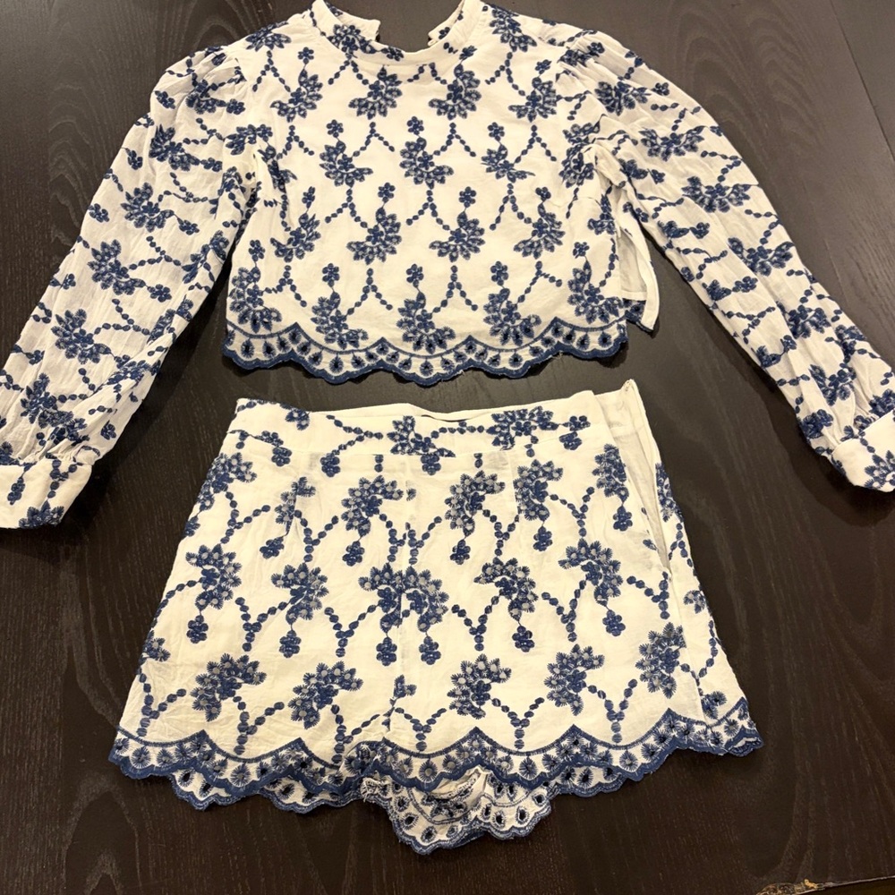 Aqua White & Blue Embroidered Crop Top and Mini Skirt Set